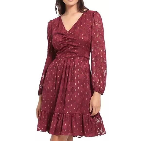 London Times Burnout Dress Long Sleeve Fit & Flare Dress Fig Gold NWT 8 - Picture 1 of 9